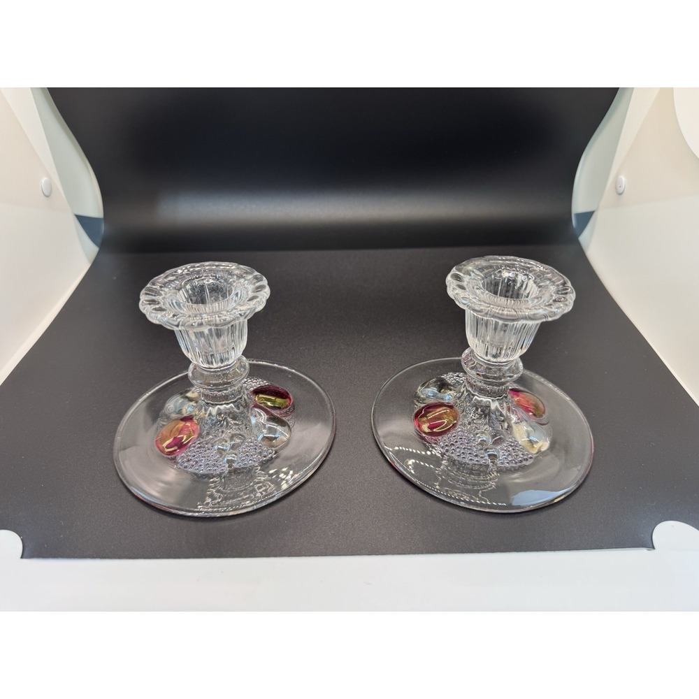 Candle Stick Holder Fruit Westmoreland Della Robbia Ruby Flashed PAIR 3.5 Inches